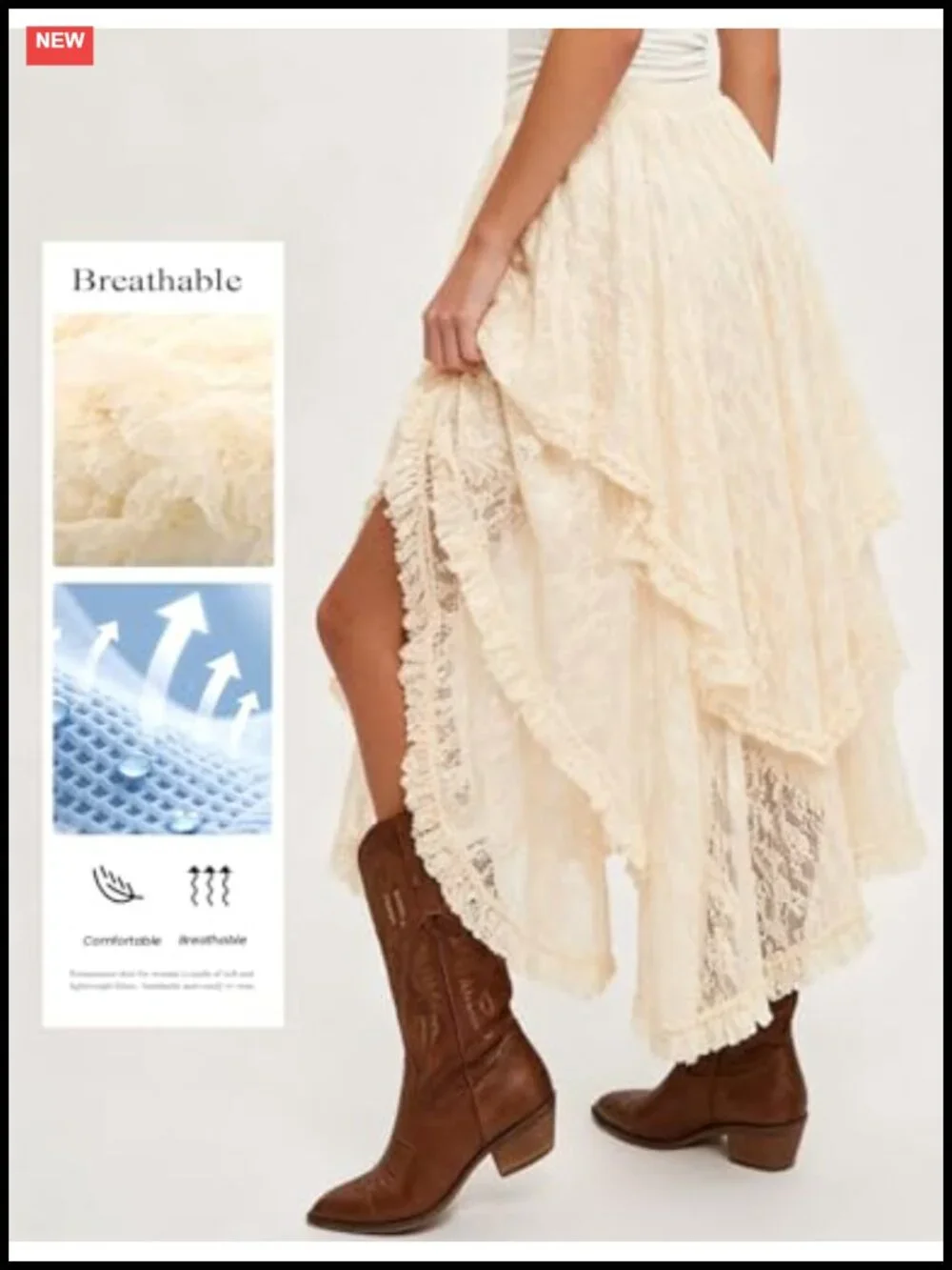 Lace Maxi Skirt Women Asymmetrical Flowy Boho Ruffle Hem Lightweight Sheer
